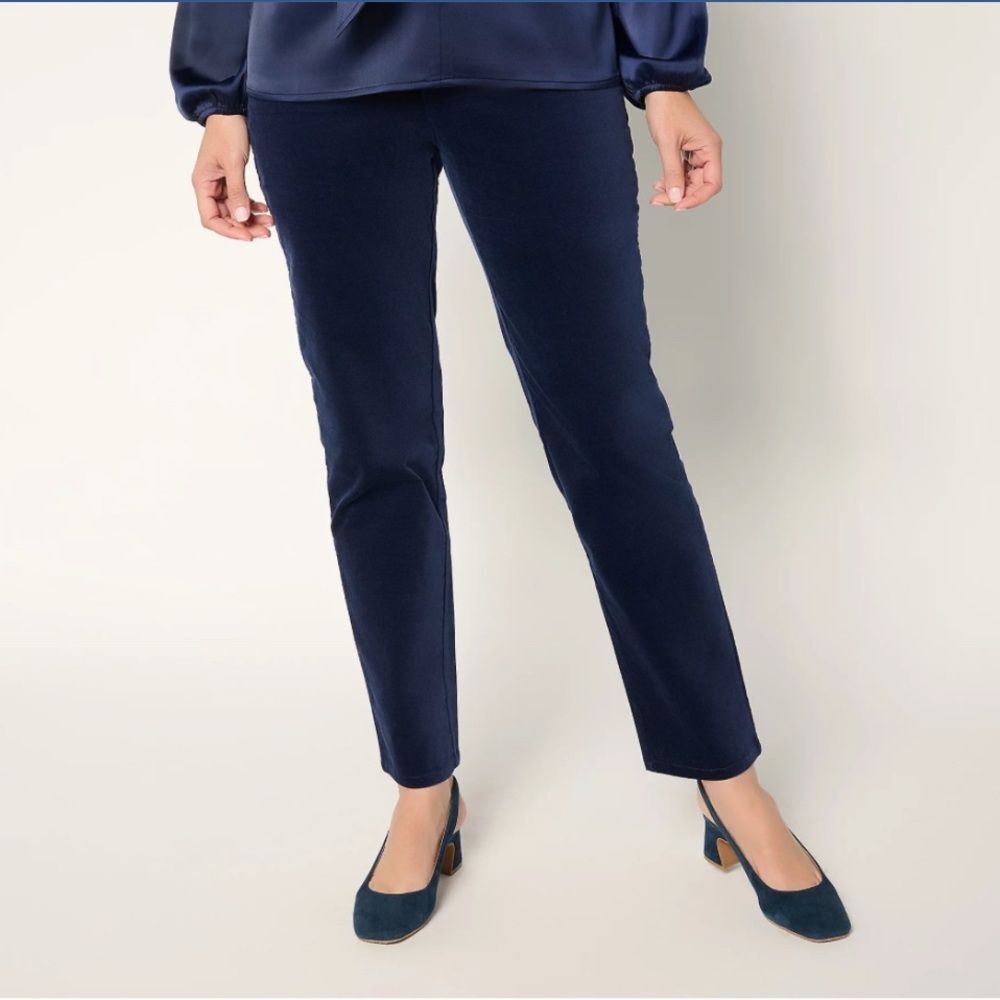 Denim & Co. Regular Stretch Velveteen Straight Leg Pant Size Large Navy